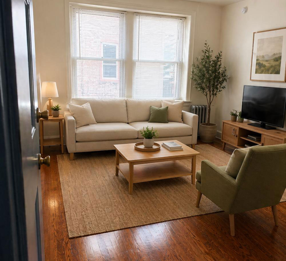 Apartment living room with sofa, armchair, coffee table, TV, and hardwood floors