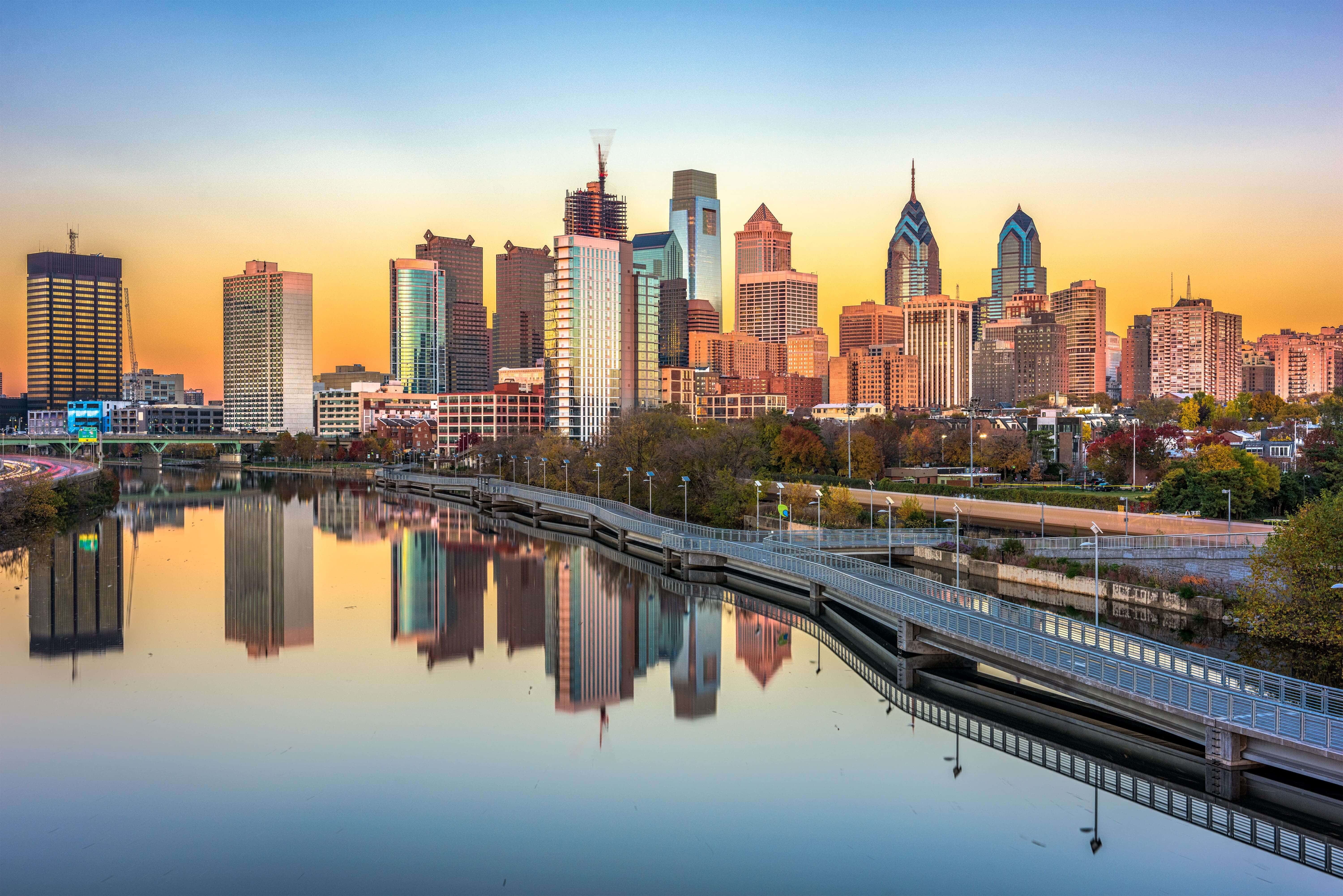 Philadelphia skyline near University Court On Chester Apartments