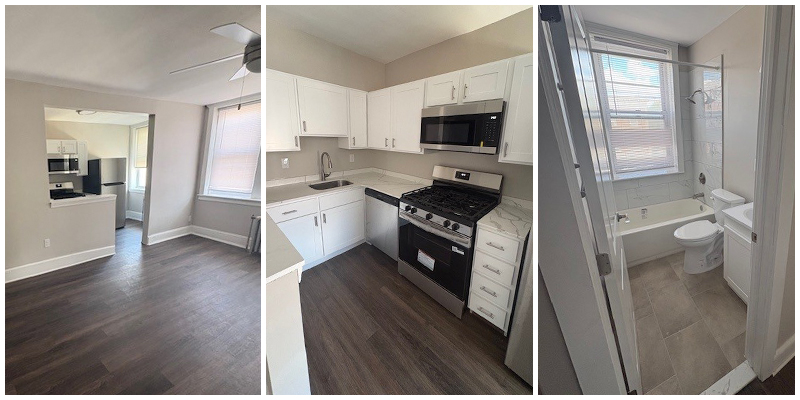 renovated apartment units showing a kitchen, bathroom and living area